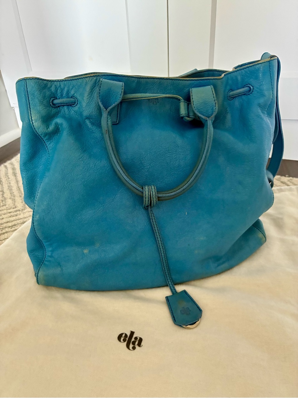 Ela Teal Leather Drawstring Tote